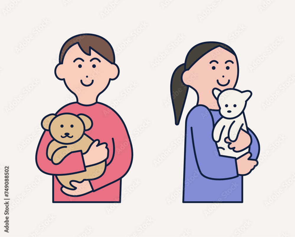 two people are holding their small dogs. outlined cartoon style illustration. two people are holding their small dogs. outlined cartoon style illustration.