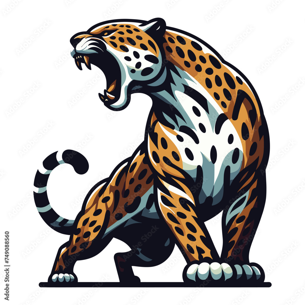 Fototapeta premium Wild roaring jaguar leopard full body vector illustration, zoology illustration, animal predator big cat design template isolated on white background