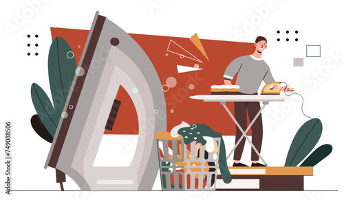 Man ironing concept. Character doing housework and routine. Young guy near ironing board. Housekeeper with daily chores. Cartoon flat vector illustration isolated on white background