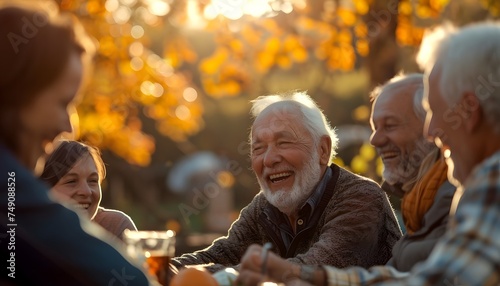 group of old friends laughing having a good time outdoors park fall autumn family get together happy smiles 