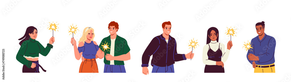 People with festive sparklers set. Men and women with New Year and Christmas season elements. Holiday and festival. Cartoon flat vector collection isolated on white background People with festive sparklers set. Men and women with New Year and Christmas season elements. Holiday and festival. Cartoon flat vector collection isolated on white background