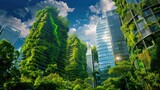 Green vertical garden on modern architecture - Sustainable modern architecture with lush green living walls in an urban setting