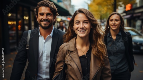 Beautiful young couple is walking together and smiling while spending time in the city.