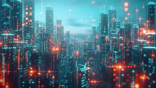 Futuristic cityscape with glowing neon lights - An illustration of a modern city at night with bright neon lights and a futuristic atmosphere representing technological advancement