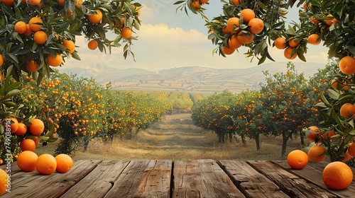 Empty wood table with free space over orange trees, orange field background photo