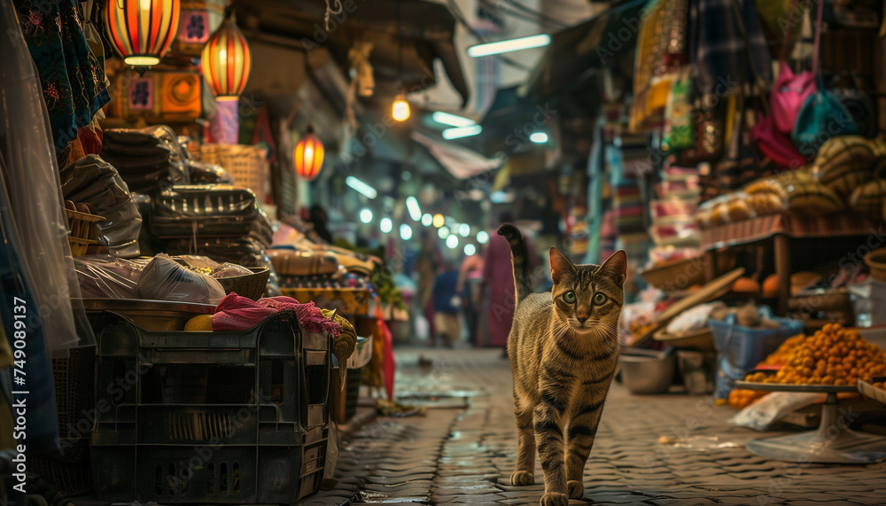 A cat walks confidently down the cobblestone path of a bustling market street at night