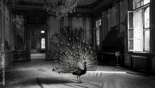 A peacock with a splendid feather display stands alone in the decaying grandeur of an abandoned room