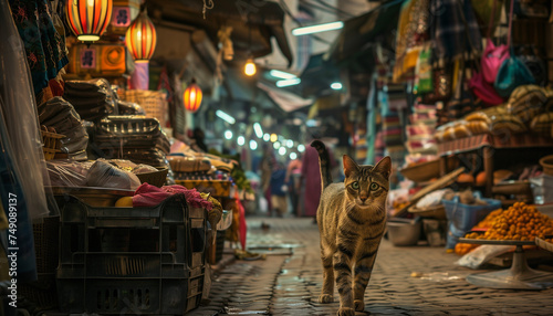 A cat walks confidently down the cobblestone path of a bustling market street at night