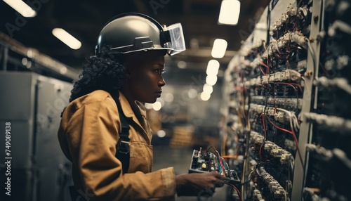 Person in a yellow jacket and helmet is meticulously working on an electrical panel with a device in hand, in an industrial setting. photo