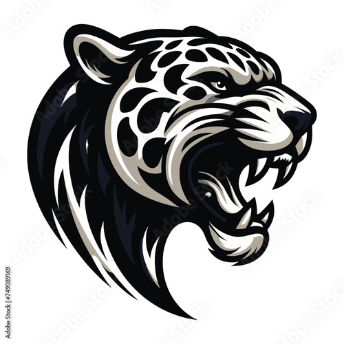 Wild roaring jaguar leopard head face vector illustration, zoology illustration, animal predator big cat design template isolated on white background