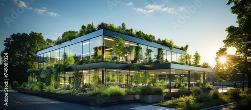 Modern office building exterior with glass facade and green plants.