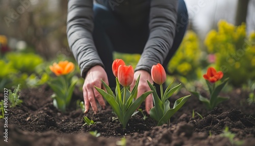 person planting red tulips in garden soil spring gardener 
