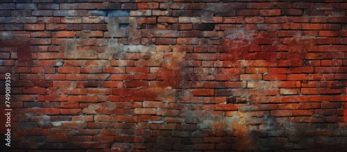 A red brick wall stands starkly against a deep black background. The walls texture and color contrast sharply with the darkness behind it, creating a bold visual impact.