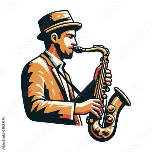 Musician playing saxophone, music player performing solo, holding sax instrument in hands, man saxophonist, jazz and blues performance. Flat vector illustration isolated on white background
