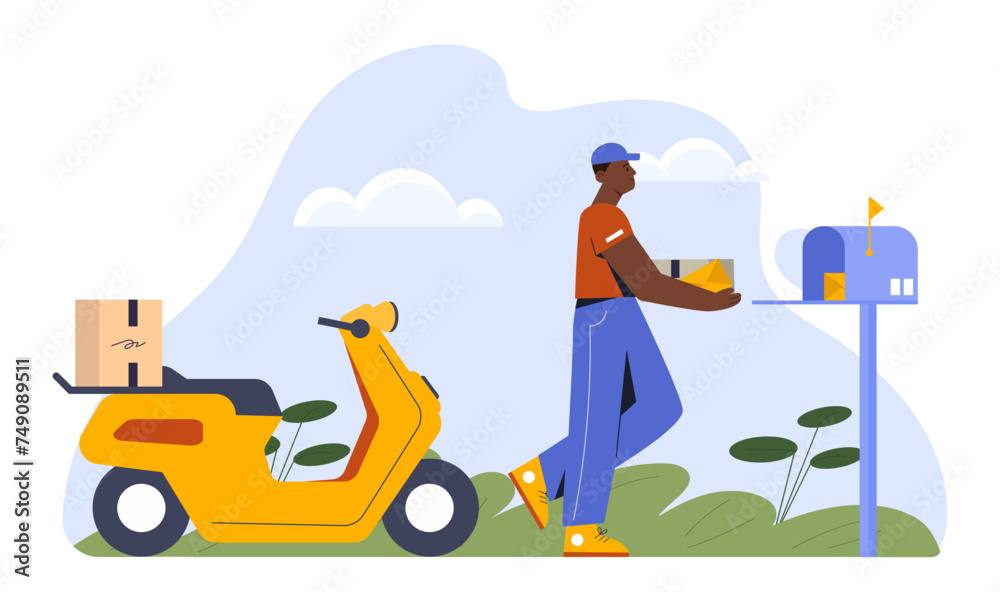 Postman with parcel. Man in uniform with cardboard box near mailbox. Business and friendly international correspondence. Courier with yellow scooter. Cartoon flat vector illustration