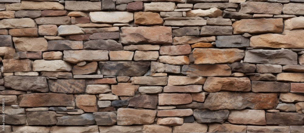 A stone wall constructed from small rocks forming a sturdy barrier. The rocks are closely packed together to create a cohesive structure.