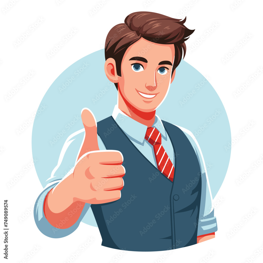 Man giving thumbs up vector illustration, happy guy showing OK gesture, approval sign, positive emotion, work done sign design template isolated on white background Man giving thumbs up vector illustration, happy guy showing OK gesture, approval sign, positive emotion, work done sign design template isolated on white background