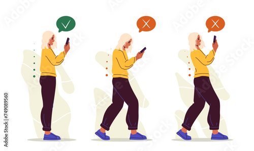 Posture correction set. Woman walk with smartphonne. Medical infographics and educational materials. Girl with phone. Cartoon flat vector collection isolated on white background