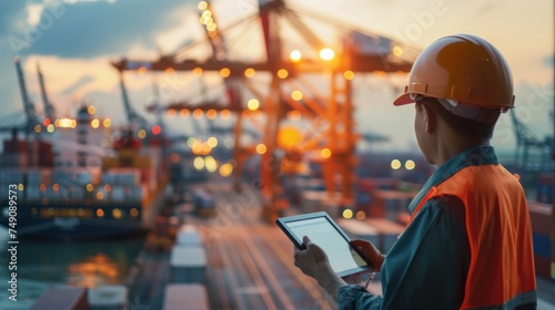 Dock worker by cargo ship at Port