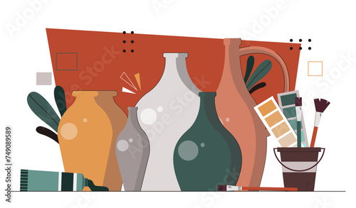 Pottery products concept. Ceramics colorful jugs and bucket with paints and paintbrushes. Creativity and art. Workshop or studio. Cartoon flat vector illustration isolated on white background
