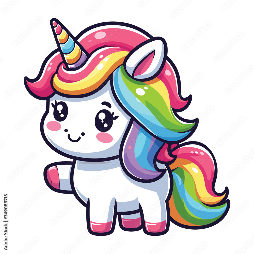 Cute unicorn cartoon character vector illustration, happy adorable magic unicorn with rainbow mane and tail design template isolated on white background