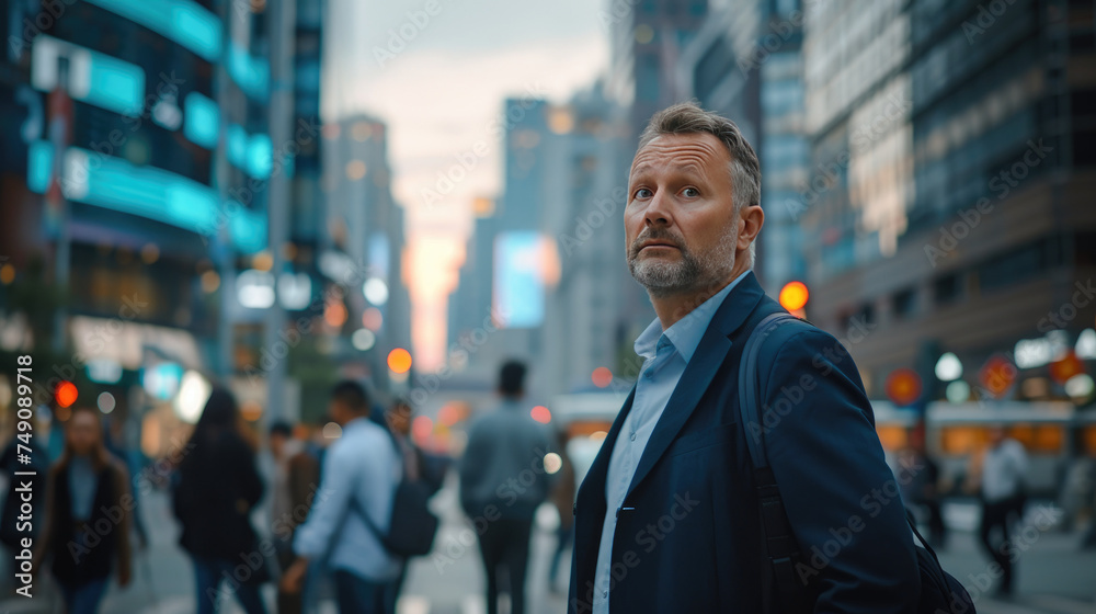 Mature male executive standing confidently at a busy urban street intersection at dusk, looking towards the sky, imagining future business success