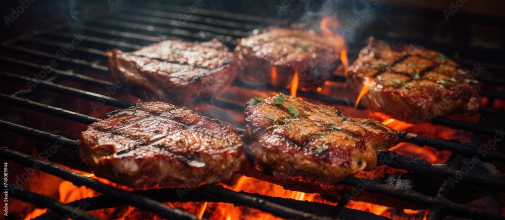 Pork cutlets are being prepared for burgers as they sizzle on a hot metal barbecue grill. Bright flames leap up from the charcoal underneath, cooking the steaks to perfection.