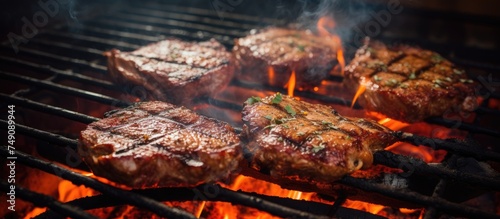 Pork cutlets are being prepared for burgers as they sizzle on a hot metal barbecue grill. Bright flames leap up from the charcoal underneath, cooking the steaks to perfection.