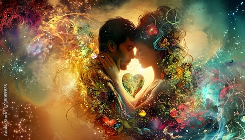 A couple in a loving embrace with a heart between them colorful dreamscape abstract background Love and emotion 