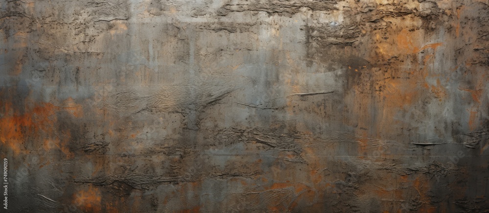 A weathered wall covered in layers of chipped and peeling paint, revealing the rough texture of the underlying metal surface. The paint appears faded and worn, creating a gritty and industrial