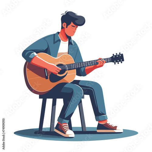 Musician man playing guitar acoustic vector illustration, male guitarist performing music, String instrument player design template isolated on white background