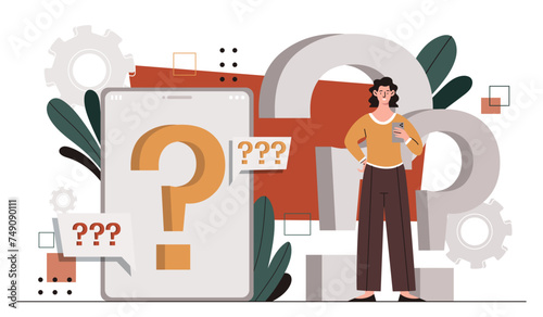 Woman with question mark problem. Young girl looking for information and knowledge. Frequently asked questions. User with guide or manual, instruction. Cartoon flat vector illustration