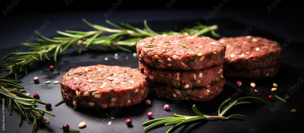 Three raw beef patties, seasoned with herbs and spices, are placed on a black plate on a concrete surface. Three raw beef patties, seasoned with herbs and spices, are placed on a black plate on a concrete surface.