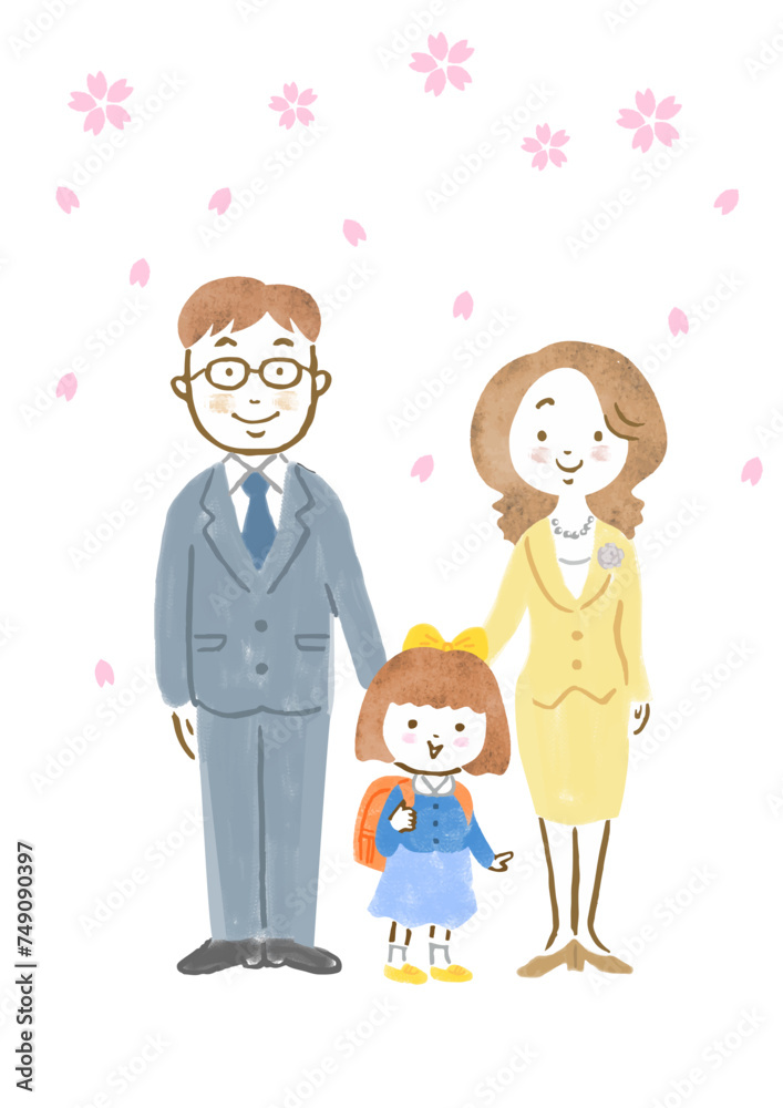 桜が舞う中、小学校の入学式に臨む親子3人の手描きイラスト 桜が舞う中、小学校の入学式に臨む親子3人の手描きイラスト