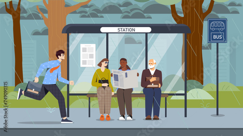 Bus stop in rainy weather. Man and women in rain sitting at bench and waiting for public transport. Urban infrastructure. Transportation and travel, trip. Cartoon flat vector illustration