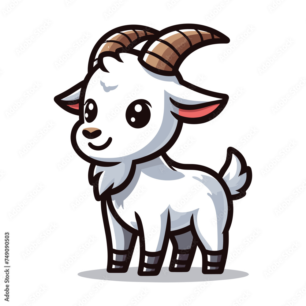 Fototapeta premium Cute goat full body cartoon mascot character vector illustration, funny adorable farm pet animal goat design template isolated on white background