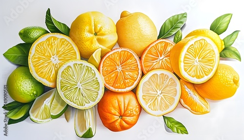 arrangement of lemons limes and oranges citrus fruits isolated on white drawing whole and cut in half