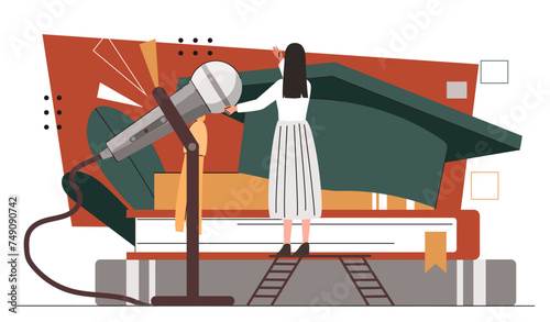 Rhetoric or elocution. Woman orator with public speaking. Talented artist perform from audience. Politican and teacher at lecture. Education and learning. Cartoon flat vector illustration