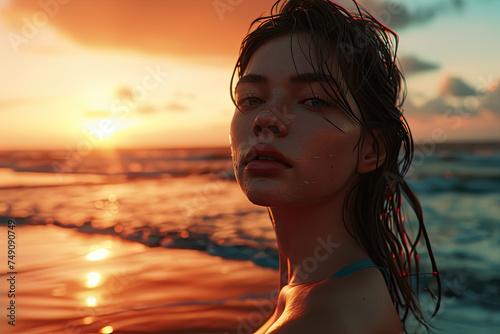 Portrait of young woman on the beach at sunset, summer sea, Beauty fashion