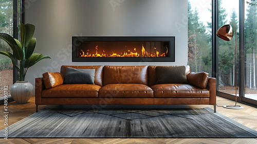 Minimalist style interior design of modern living room with fireplace, sofa, white walls	