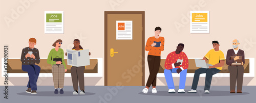 People searching job. Men and women sitting near office door. Jobless guys and girls, candidates at vacancy. Recruitment and headhunting to company. Cartoon flat vector illustration