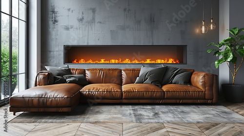Minimalist style interior design of modern living room with fireplace, sofa, concrete walls	