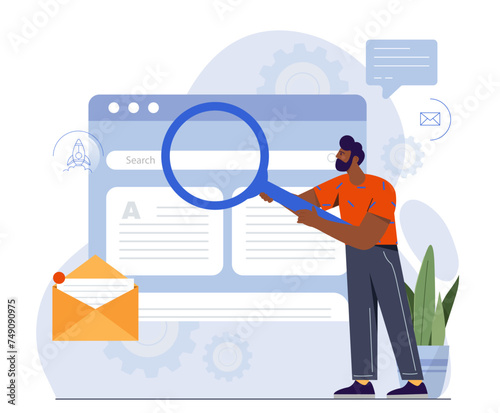 Man with searching system. Young guy with magnifying glass looking at website template. Character looking for information on internet. Cartoon flat vector illustration isolated on white background