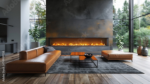 Minimalist style interior design of modern living room with fireplace, sofa, concrete walls	