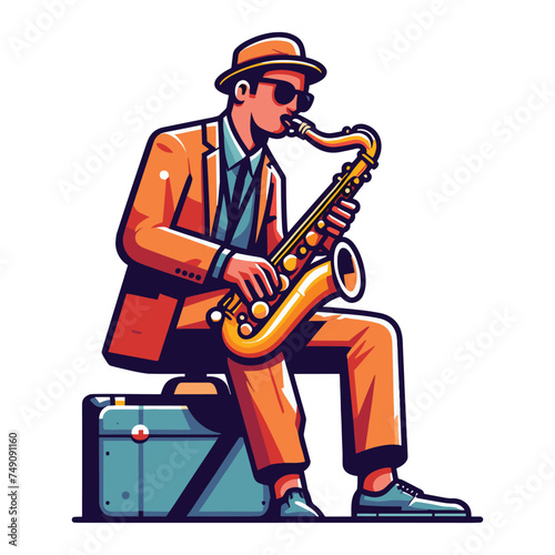 Musician playing saxophone  music player performing solo  holding sax instrument in hands  man saxophonist  jazz and blues performance. Flat vector illustration isolated on white background