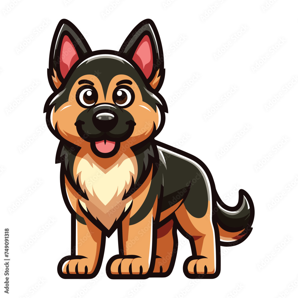 Fototapeta premium German shepherd dog cartoon mascot character vector illustration, cute adorable family pet, friendly dog full body design template isolated on white background