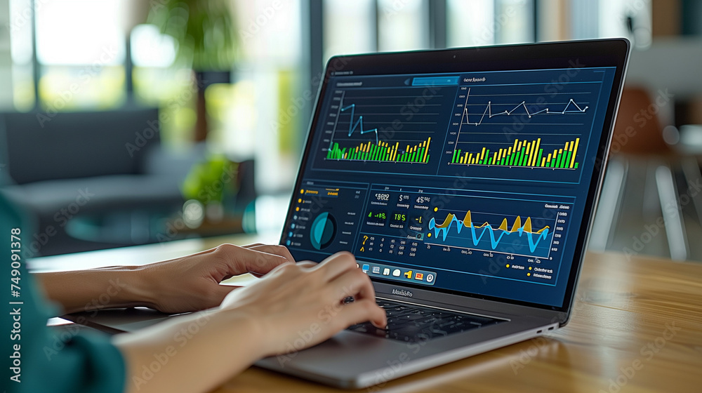 Financial Data Analyst Female Using KPI Dashboard On Laptop, Business Analyst Woman Using Computer Data Tech Financial Data Analyst Female Using KPI Dashboard On Laptop, Business Analyst Woman Using Computer Data Tech