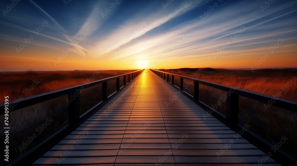 Serene Sunrise View on a Wooden Boardwalk by the Beach with Stunning Sky