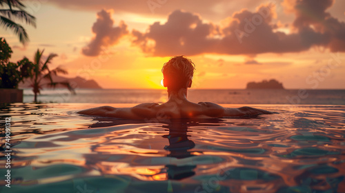 Luxury swimming pool in a tropical resort, relaxing holidays in Seychelles islands., Young man during sunset by swim pool, men watching the sunset in infinity pool © Fokke Baarssen