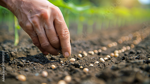 Farmer's Hand Planting Seeds In Soil In Rows, Cropped image of hands with seeds on sunny day